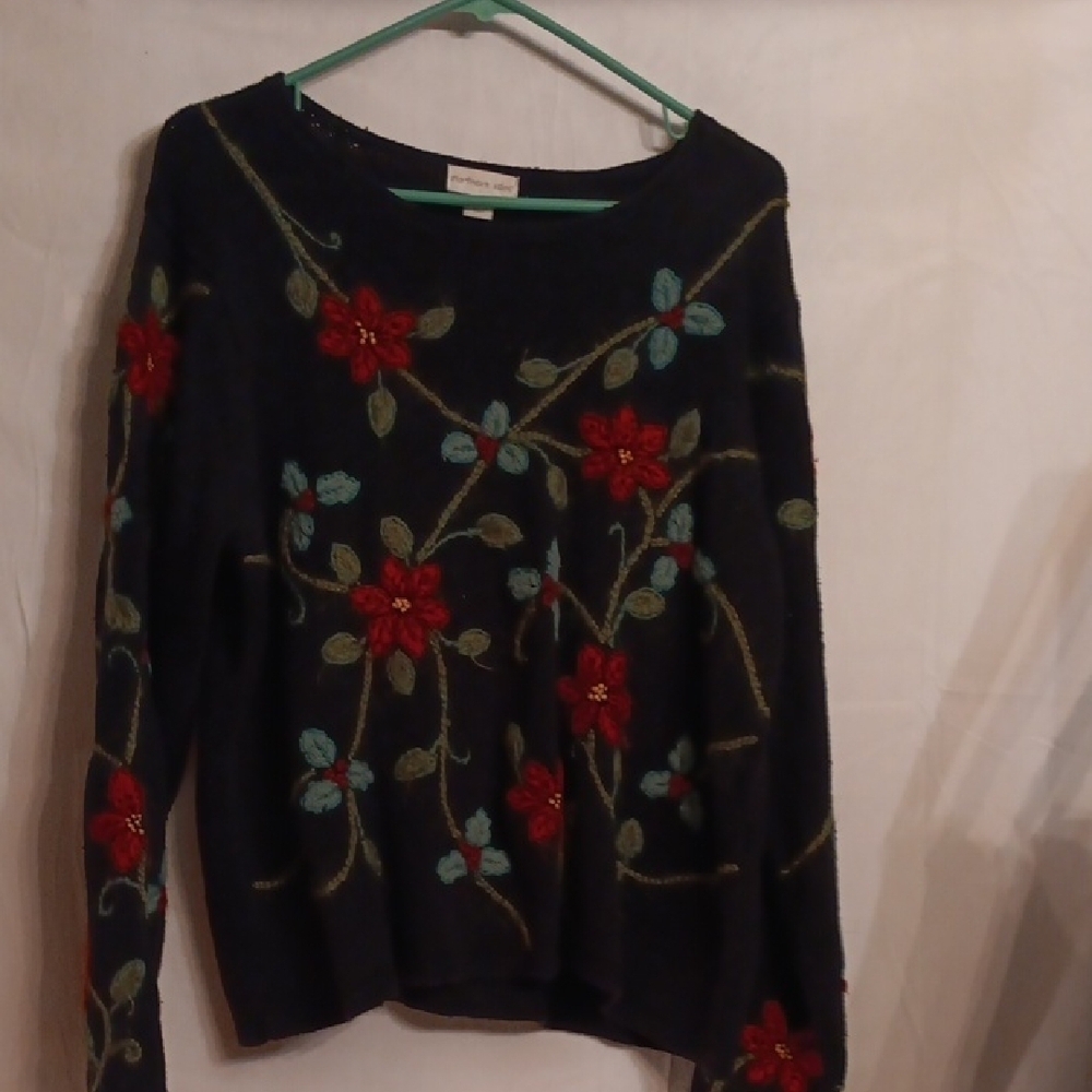 Northern Isles Foral Embroidered Sweater - Black with Red and Green Accents Larg
